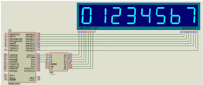 Gambar 5.3 Rangkaian 7 Segment LCD Multiplex dengan Decoder  Program 2. Aplikasi 7 Segment 8 digit dengan decoder 