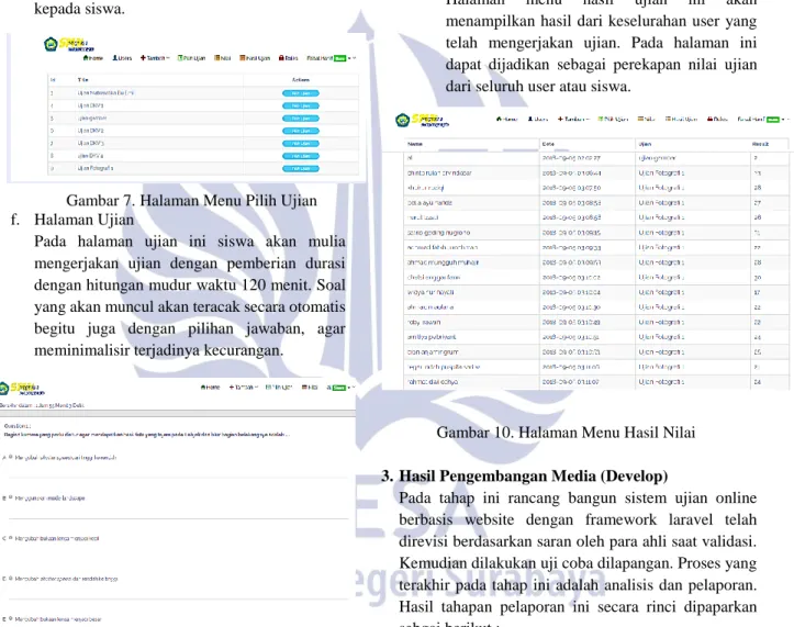 Gambar 10. Halaman Menu Hasil Nilai  3. Hasil Pengembangan Media (Develop) 