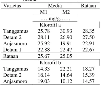 Tabel  6.  Jumlah  klorofil  a  dan  b  beberapa  varietas  kedelai  akibat  perlakuan  media 