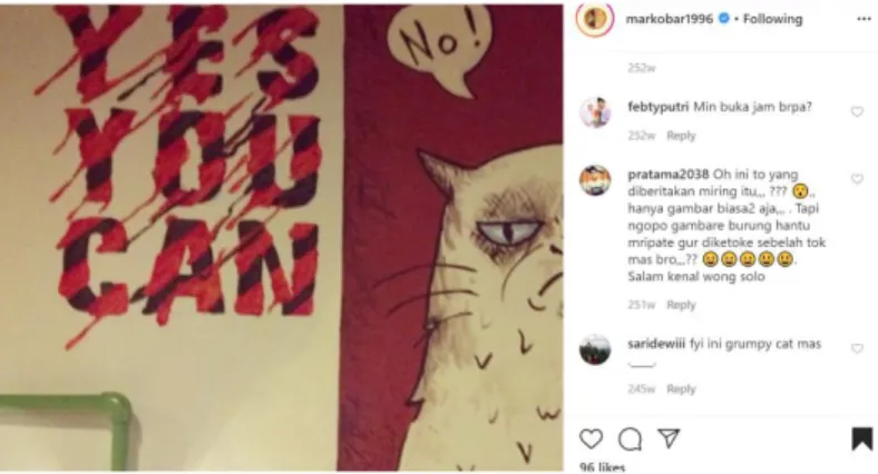 Gambar 1.11gambar lukisan kucing di kafe Markobar  Sumber: Instagram @Markobar1996 
