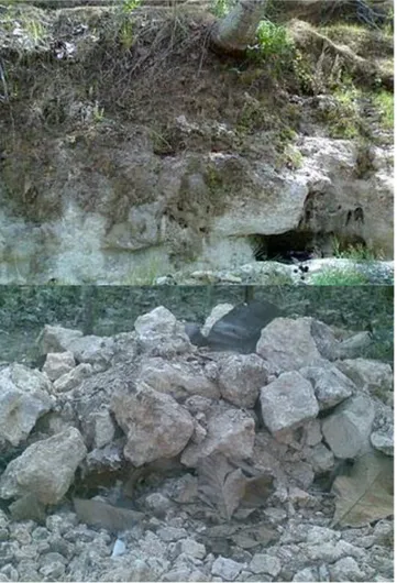 Gambar tengah merupakan contoh kecil dari adanya singkapan di daerah karst di Malang  Selatan