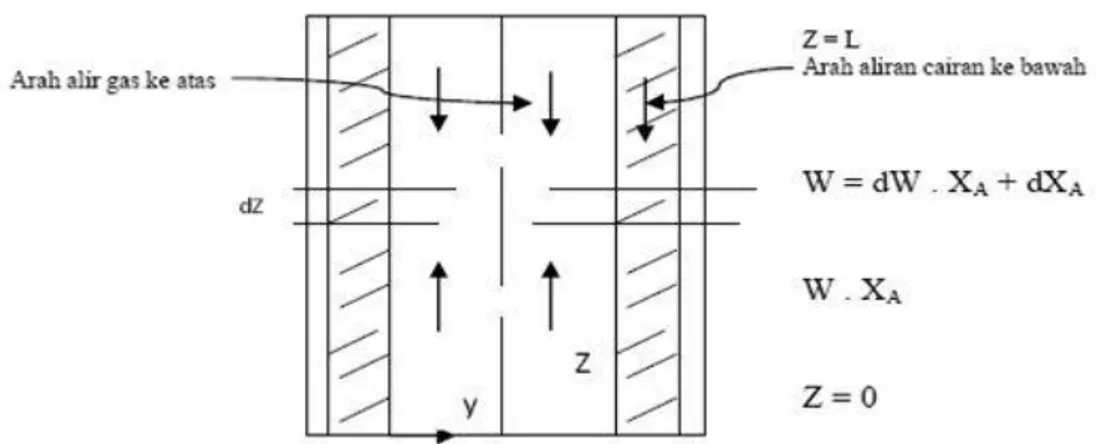 Gambar 2.3. Penampang membujur dari watted wall column untuk bagian dimana  perpindahan massa fasa diukur/ditelaah