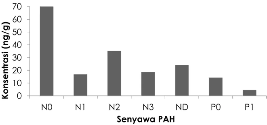 Gambar 3. Karakteristik sebaran PAH pada sedimen Estuari Cimandiri (N0 = Naphtalene; N1 = C1- C1-Napthalene;  N2  =  C2-Naphtalene;  N3  =  C3-Naphthalene;  ND  =   2,6-Diisopropilnaphtalene; P0 = Phenantrene; P1 = C1-Phenantrene)