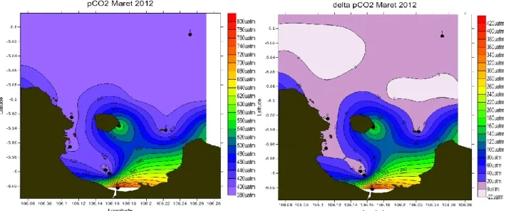 Gambar 4. a) Sebaran pCO 2 ;  b) nilai delta pCO 2  bulan Maret Tahun 2012  Sebaran  pCO 2   di  Teluk  Banten 