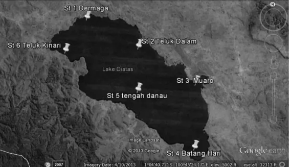Gambar 1. Peta Lokasi Penelitian Danau Diatas , St 1= daerah Dermaga,  St 2=  daerah Teluk Dalam,  St 3= 
