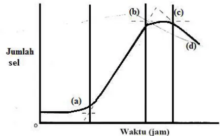 Gambar 1. Kurva pertumbuhan bakteri, (a) fase lag, (b) fase log, (c) fase  stasioner, (d) fase kematian (Crueger,1984)