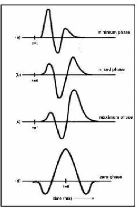 Gambar  16.  Jenis-jenis wavelet berdasarkan  konsentrasi  energinya,  yaitu minimum  phase  wavelet (a), mixedphase  wavelet (b),  maximum phase wavelet (c), dan zero phase wavelet (d) (Rahmanda, 2016).