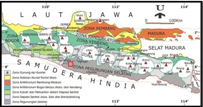 Gambar 2.   Fisiografi  Jawa  Tengah-Jawa  Timur  (van  Bemmelen,  1949).  Kotak  merah  lokasi penelitian