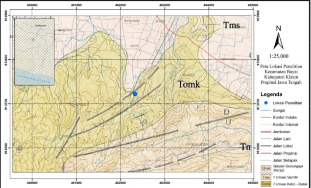 Gambar 1. Lokasi penelitian, beserta peta geologi daerah penelitian.