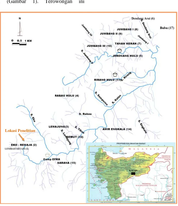 Gambar  1.  Lokasi  penelitian  di  terowongan  Eko-Remaja,  Kalan  yang  secara  administrasi  termasuk  ke  dalam  Kabupaten Melawi, Kalimantan Barat