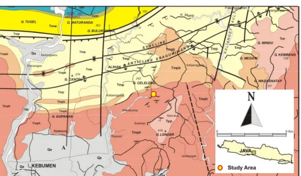 Gambar 1. Peta geologi daerah penelitian. Lingkaran merah adalah lokasi penelitian daerah Tinatah, Desa Wonokromo, Kecamatan Alian, Kabupaten Kebumen