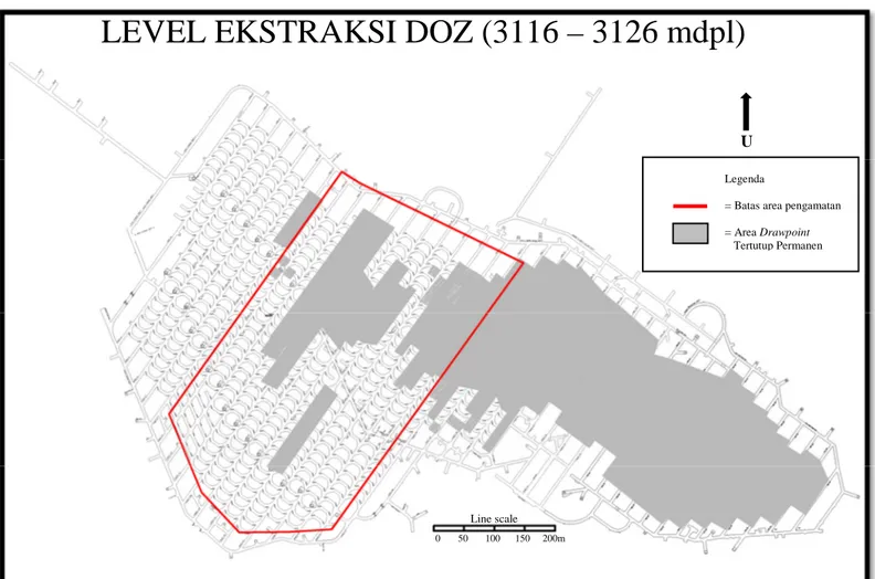 Gambar 1.2 Lokasi pengamatan lapangan dalam peta permodelan level ekstraksi blok DOZ (UG Division,2007) 