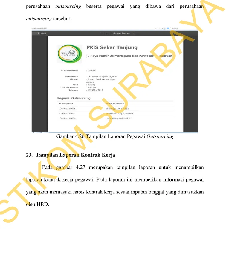 Gambar 4.25 Tampilan Laporan PDF Shift Pegawai  22.  Tampilan Laporan Pegawai Outsourcing 