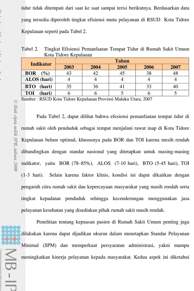 Tabel 2.   Tingkat Efisiensi Pemanfaatan Tempat Tidur di Rumah Sakit Umum  Kota Tidore Kepulauan  