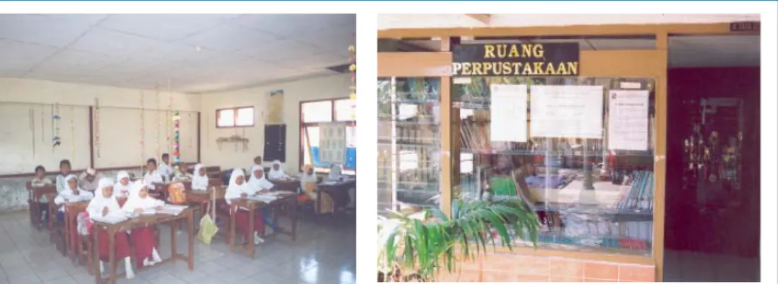 Ilustrasi 1 : Perbedaan Perkotaan/Pedesaan: Keadaannyai baik di sekolah dasar negeri perkotaan, seperti yang di- di-tunjukkan oleh kelas di Soklat, Jawa Barat (kiri) dan di Simokerto, Jawa Timur (kanan), sekolah ini memiliki  perpus-takaan.