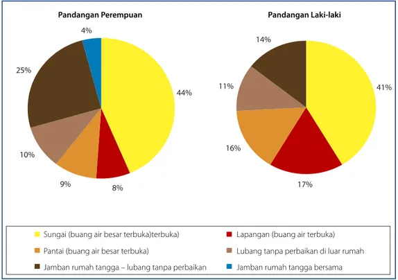 Gambar 4 menunjukkan bahwa , kecuali minoritas kecil di Soklat (Jawa Barat), warga laki-laki dan perempuan miskin  di delapan lokasi tidak memiliki akses terhadap “fasilitas sanitasi yang layak” apa pun