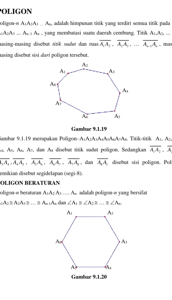 Gambar  9.1.19  merupakan  Poligon–A 1 A 2 A 3 A 4 A 5 A 6 A 7 A 8 .  Titik-titik    A 1 ,  A 2 ,  A 3 , A 4 ,  A 5 ,  A 6 ,  A 7 ,  dan  A 8   disebut  titik  sudut  poligon