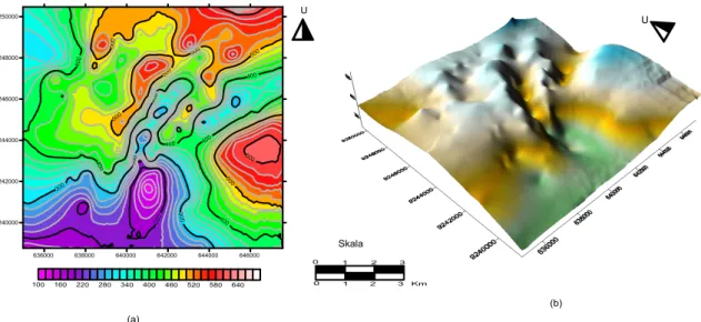 Gambar 2. Peta Topografi 2D (a) dan 3D (b) Daerah Panasbumi Pamancalan 