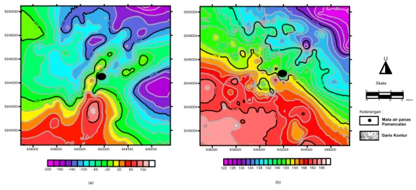 Gambar 4. Peta Anomali Udara Bebas (a) dan Anomali Bouguer Lengkap (b)  Daerah Panasbumi Pamancalan 