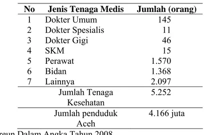 Tabel 1.3  Indikator Kesehatan Propinsi Aceh  Tahun 2002  No  Jenis Tenaga Medis  Jumlah (orang) 