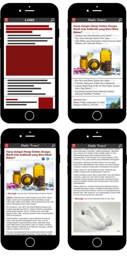 Gambar  1.  Rekomendasi  peletakan  image,  typography,  dan  color  pada  halaman  utama  (atas)  dan  halaman isi (bawah) website berita mobile