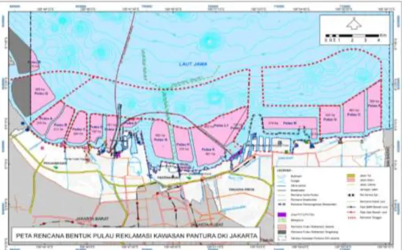 Gambar 4- 15 : Rencana Bentuk Pulau Pengembangan Lahan Baru Hasil Reklamasi Kawasan  Pantura Jakarta (Alternatif tanggul I-II-III) 