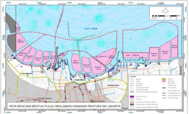 Gambar 4- 16 : Rencana Bentuk Pulau Pengembangan Lahan Baru Hasil Reklamasi Kawasan  Pantura Jakarta (Alternatif tanggul I-III) 