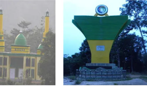 Gambar  3.  Bangunan  Islamic  center  di  pusat  KTM  Dusun  Karak  Apung  (foto  kiri)  dan bangunan tugu lokasi KTM di Dusun Karak Apung (foto kanan)
