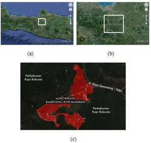 Gambar 1 Peta lokasi magang: (a) Peta Jawa  Tengah,  (b)  Peta  Kabupaten  Semarang dan (c) Peta Kampoeng  Kopi Banaran 