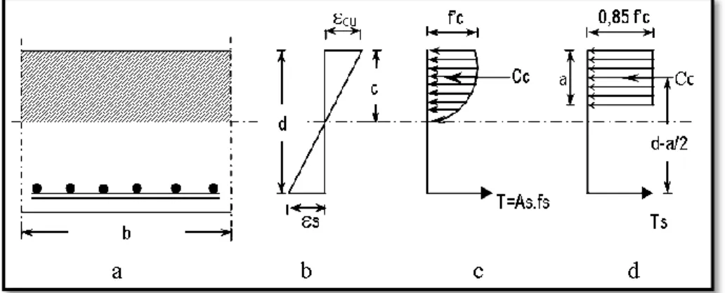 Gambar 2.3  Distribusi tegangan dan regangan pada penampang plat :  (a) Penampang melintang plat; (b) Diagram regangan; (c) Diagram tegangan; (d) 