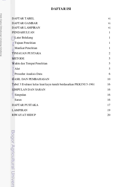 Tabel 3 Evaluasi kelas kuat kayu tumih berdasarkan PKKI NI 5-1961 