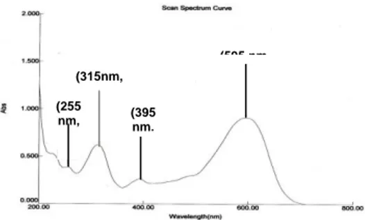 Gambar 1. Spektra UV-Vis remazol black  B   (395 nm, 0.263) (255 nm, 0.38(315nm, 0.620)  (595 nm, 