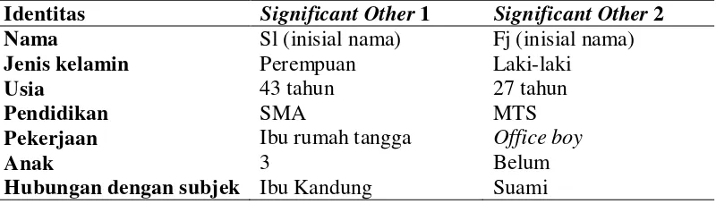Tabel 2: Gambaran umum significant other dari Ir (Subyek 1) 