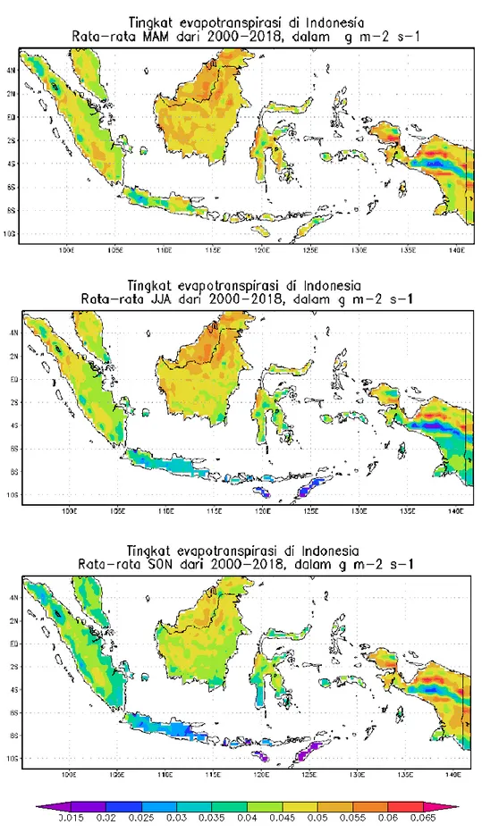 Gambar 3-2: Tingkat evapotranspirasi di Indonesia rata-rata musiman untuk DJF, MAM, JJA dan  SON dari 2000–2018, dalam g/m -2 s -1   