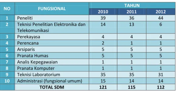 Tabel 3.2  Komposisi SDM PPET LIPI Berdasarkan Jenjang Fungsional 2010-2012 