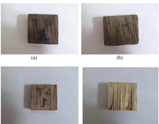 Gambar  9.  Sampel  kayu  setelah  pengujian.  Ket  :  a)  Tampilan  kayu  teras  bagian  pangkal (1,77%), b) Gambar kayu gubal bagian pangkal (2,67%), c) Gambar kayu  teras bagian cabang(1,94), d) Gambar kayu gubal bagian cabang (3,42%)  setelah  pengujia