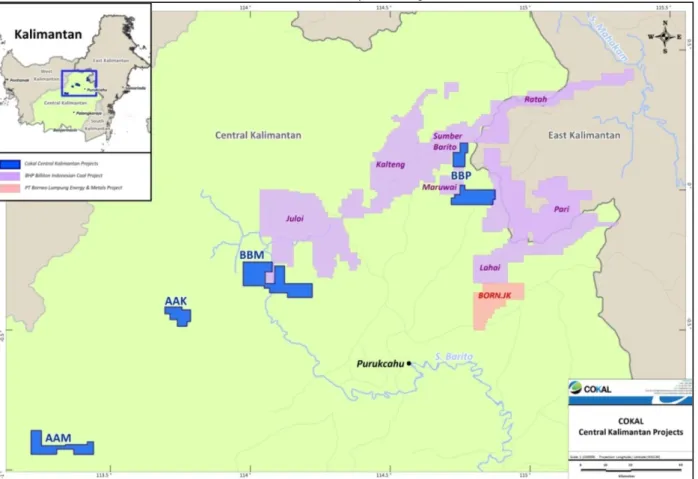 Gambar 2: Rencana Proyek Batubara Kalimantan Tengah  - Konsesi Batubara Cokal ditunjukkan dengan warna biru  
