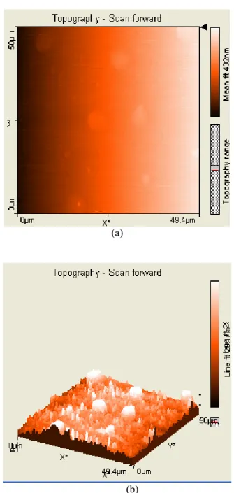 Gambar  8.  Morfologi  (a)  2D,  (b)  3D  lapisan  tipis  ZnOyang  ditumbuhkan  pada  variasi  temperatur  annealing 700 dengan kecepatan putaran 2520 rpm 