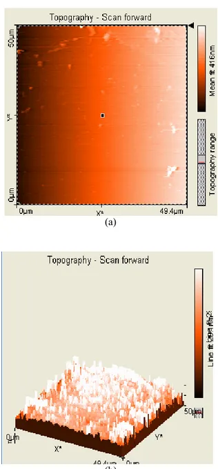 Gambar  10.  Morfologi  (a)  2D,  (b)  3D  lapisan  tipis  ZnOyang  ditumbuhkan  pada  variasi  temperatur  annealing 300 dengan kecepatan putaran 2520 rpm 
