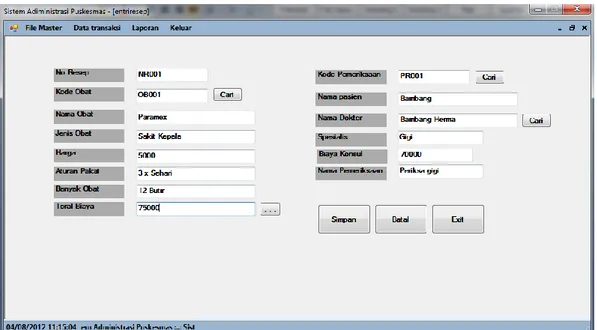 Gambar 4.16 Implementasi Entri Resep  Tabel 4.7 Pengujian layar Input Data Resep 