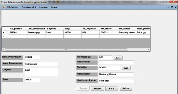Gambar 4.15 Implementasi Input Data Pemeriksaan  Tabel 4.6 Pengujian layar Input Data Pemeriksaan 