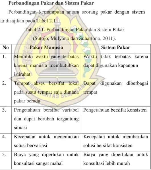 Tabel 2.1. Perbandingan Pakar dan Sistem Pakar  (Sutojo, Mulyono dan Suhartono, 2011)