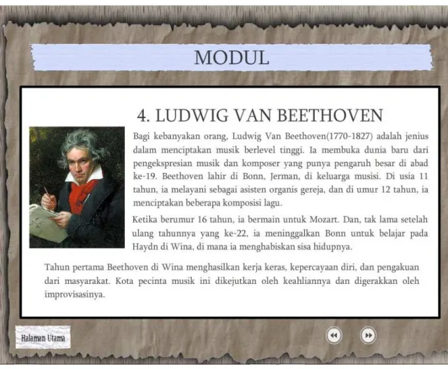 Tabel 5.1.7 Gambar Antarmuka Halaman Modul – Para  Komposer Musik Klasik: Beethoven 