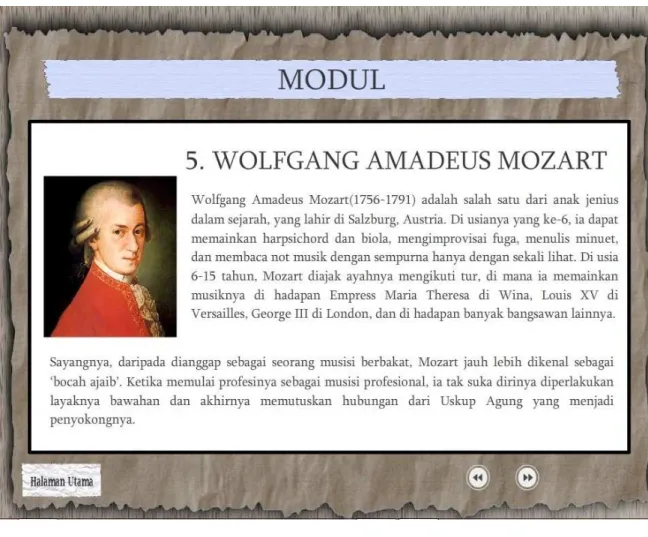Tabel 5.1.8 Gambar Antarmuka Halaman Modul – Para  Komposer Musik Klasik: Mozart 
