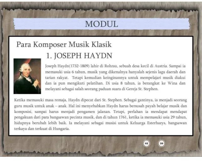 Tabel 5.1.4 Gambar Antarmuka Halaman Modul – Para  Komposer Musik Klasik: Haydn 
