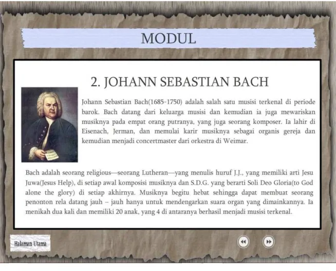 Tabel 5.1.5 Gambar Antarmuka Halaman Modul – Para  Komposer Musik Klasik: Bach 