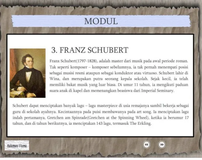 Tabel 5.1.6 Gambar Antarmuka Halaman Modul – Para  Komposer Musik Klasik: Schubert 