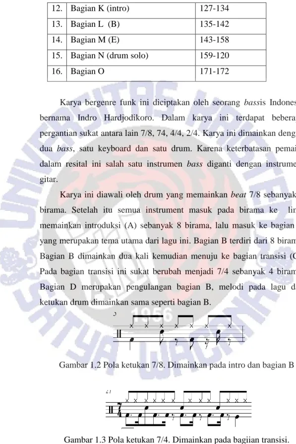 Gambar 1.2 Pola ketukan 7/8. Dimainkan pada intro dan bagian B 