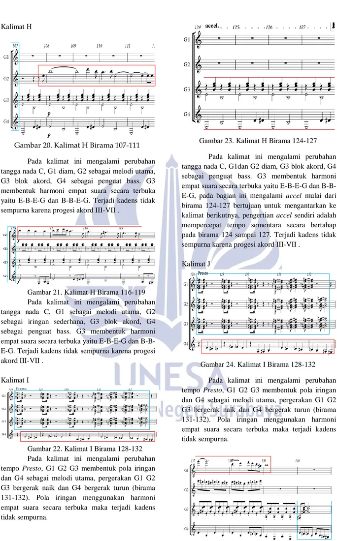 Gambar 20. Kalimat H Birama 107-111  Pada  kalimat  ini  mengalami  perubahan  tangga nada C, G1 diam, G2 sebagai melodi utama,  G3  blok  akord,  G4  sebagai  penguat  bass