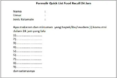 Gambar 2.2 Contoh Formulir Quick List pada Metode Food Recall 24 Jam 